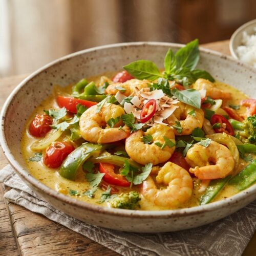 Scampis au lait de coco et curry - riz